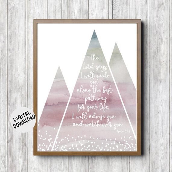 Psalm 32 8 Scripture Watercolor Mountain Peaks Nursery Poster