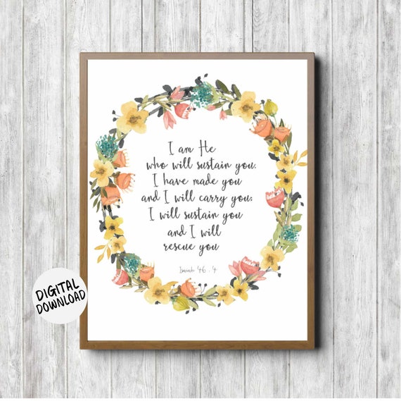 Isaiah 46:4 Scripture Wall Art, Watercolor Wreath