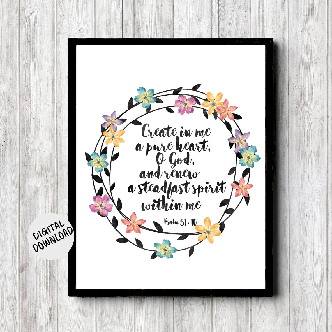 Psalm 51 10 Floral Wreath Scripture Bible Verse Watercolor Poster