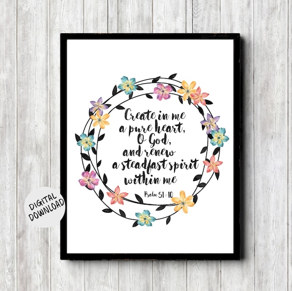 Psalm 51 10 Floral Wreath Scripture Bible Verse Watercolor Poster