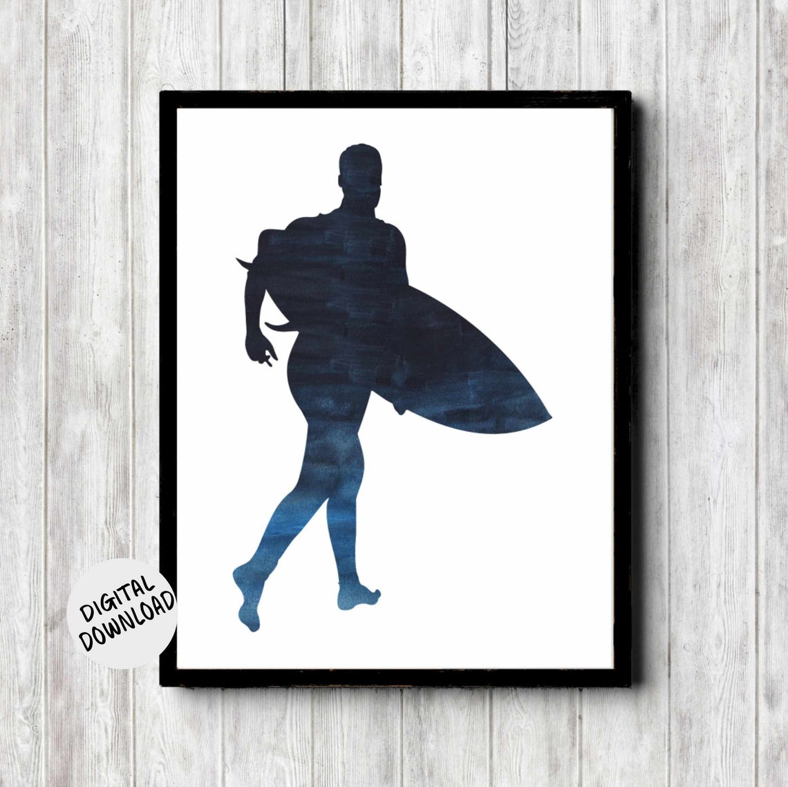 Navy Watercolor Surfer with Surfboard Silhouette Beach Poster