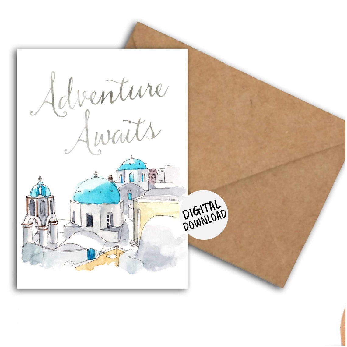 Adventure Awaits Greece Blue Domed Churches Watercolor Card Poster