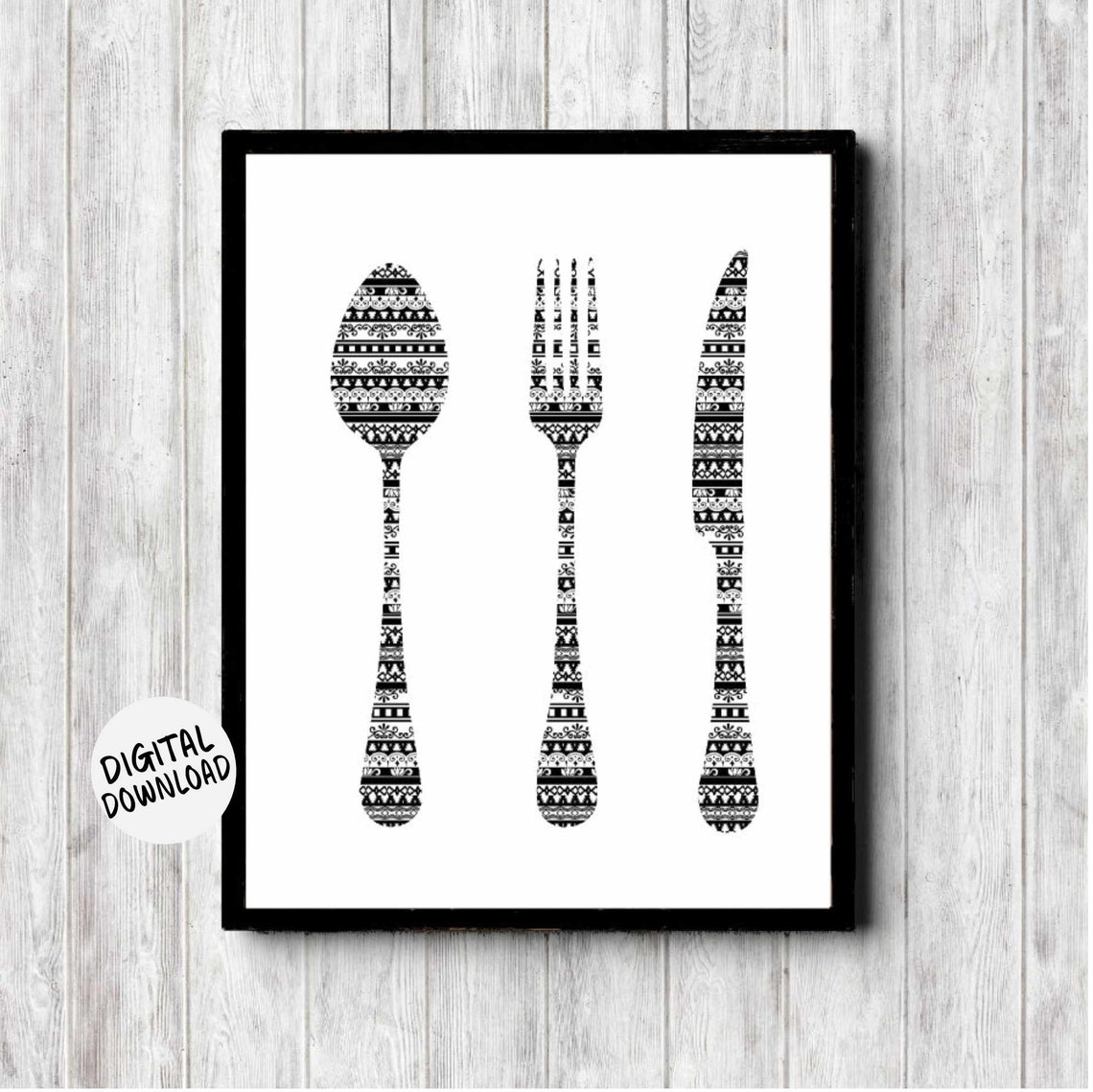 Black White Folk Pattern Fork Spoon Knife Kitchen Wall Decor Poster