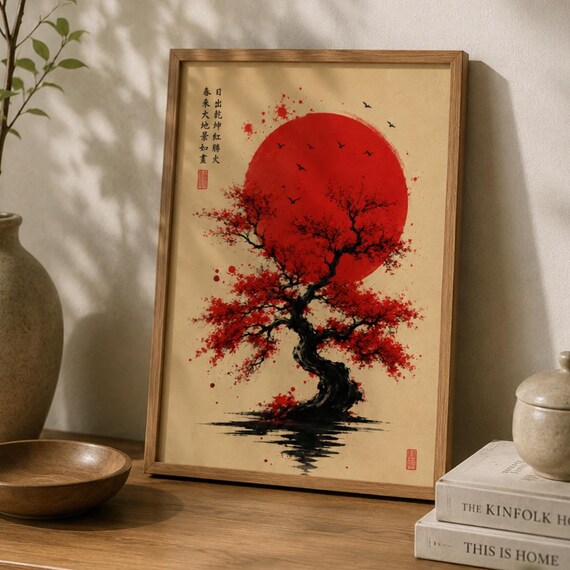 Japanese Wall Art Print Red Sun Bonsai Tree Poster Zen Decor Ink Painting Wabi Sabi Asian