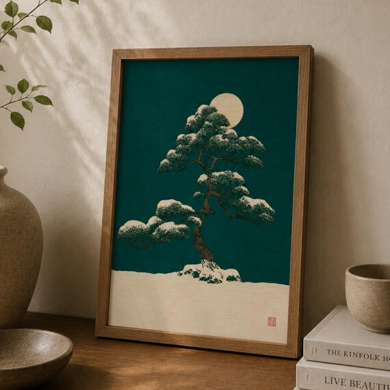 Japanese Pine Tree Wall Art Print Snowy Bonsai Poster Zen Japandi Decor Wabi Sabi Winter Landscape Asian Artwork
