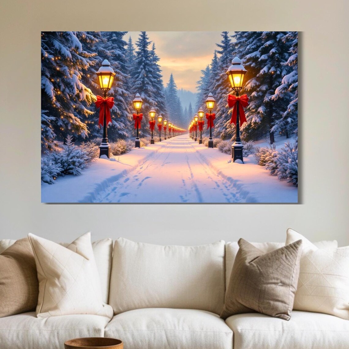 Christmas Wall Art, Snowy Forest Path With Lights