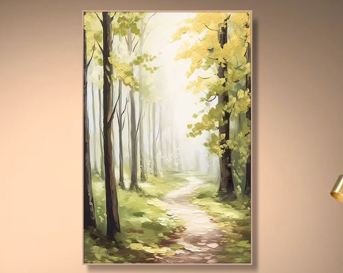 Sunlit Forest Path Between Tall Green Trees Morning Light Poster