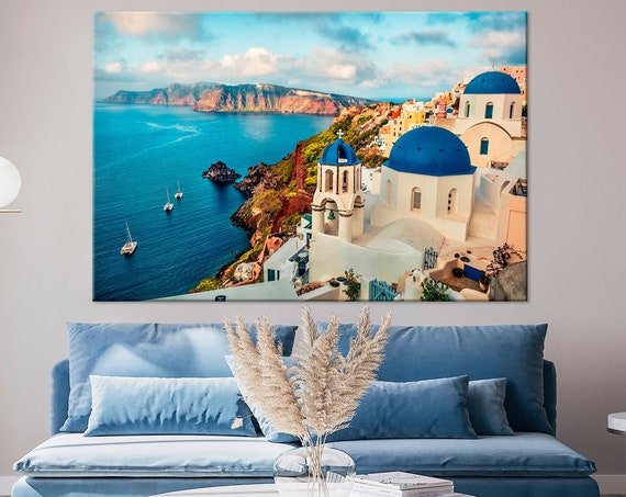 Santorini Print Greek Islands Art Santorini Greece Santorini Skyline Print Blue Domes Art Extra Large Office Wall Art