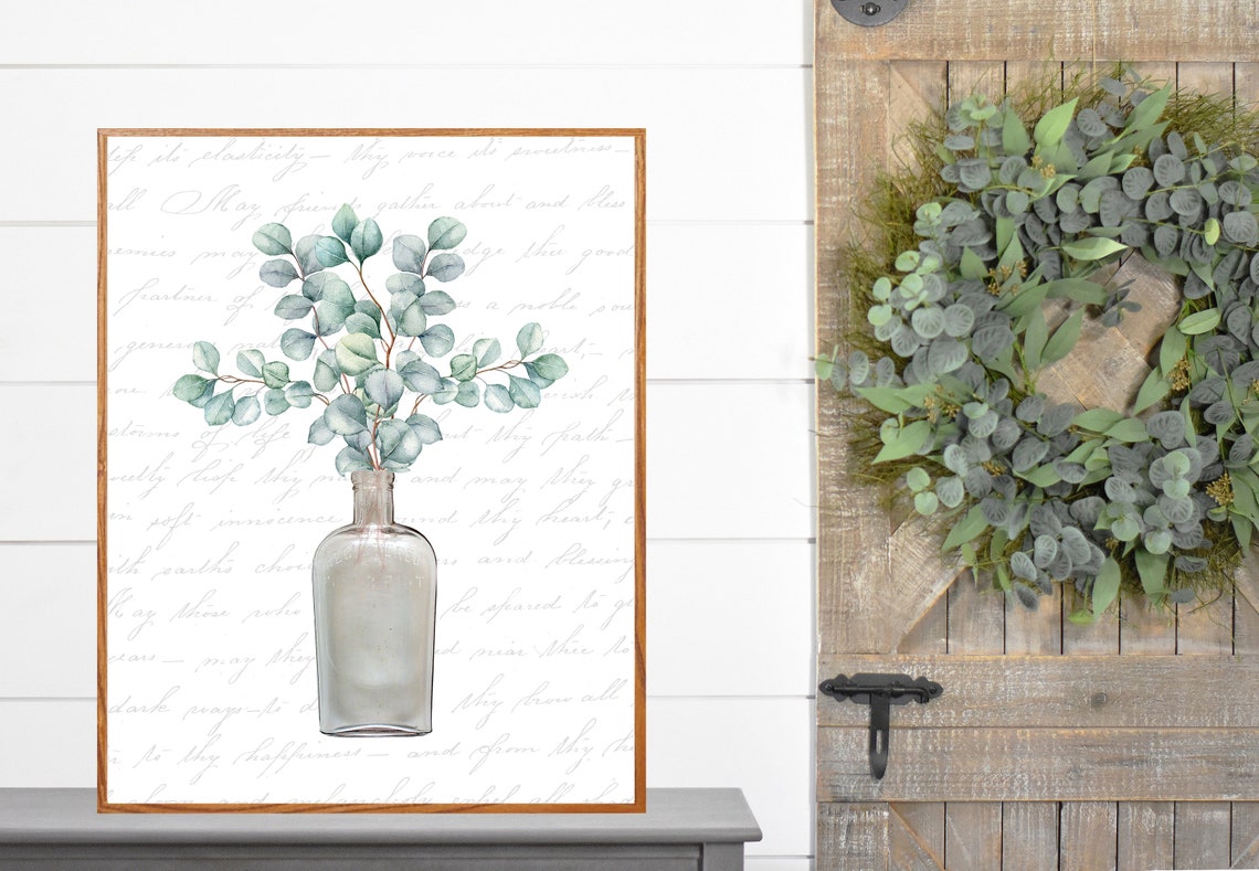 Antique Gray Glass Apothecary Bottle Eucalyptus Botanical Poster
