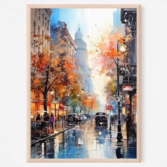 Rainy New York City Street With Yellow Taxis in Autumn Poster