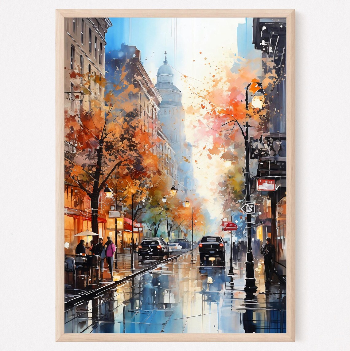 Rainy New York City Street With Yellow Taxis in Autumn Poster