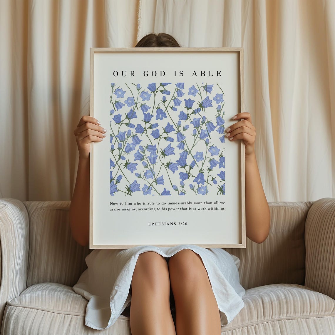 Ephesians 3:20-21 Scripture Art Print, Blue Floral