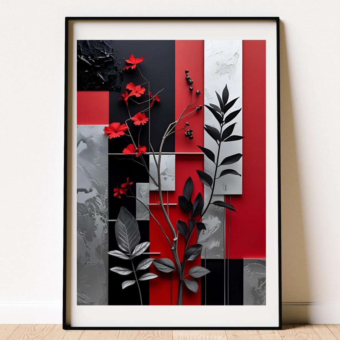 Red Silver Black Floral Stripes Abstract Poster Modern Botanical Art