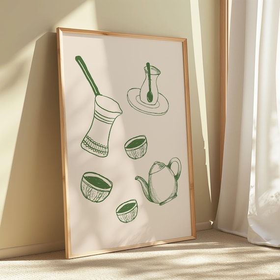 Arabic Coffee Set Green Line Art Minimalist Cezve Pot Sketch Poster