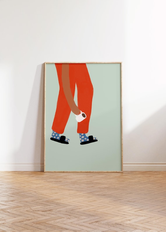 Walking with Coffee Illustration Print Red Pants Minimal Office Art