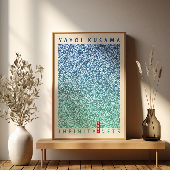 Japanese Wall Art Gradient Infinity Nets Inspired Yayoi Kusama Poster Blue Wall Art Print Abstract And Geometric Shapes Wall Art