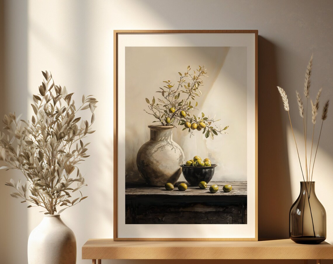 Vintage Olive Branch Still Life Oil Painting Poster with Olives