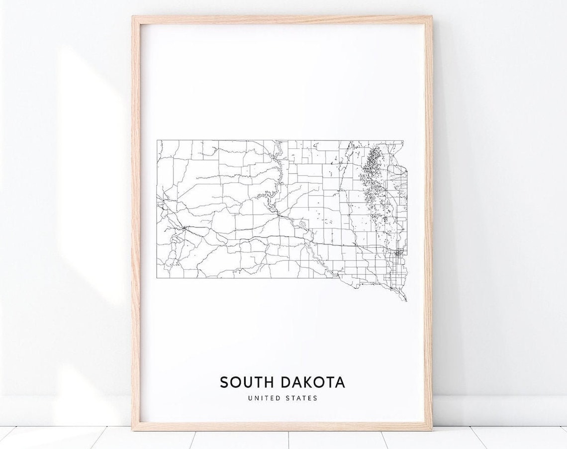 South Dakota Map Print, Modern Road Art Poster