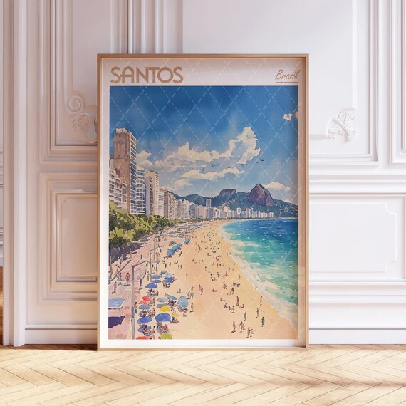 Santos Brazil Beach Watercolor Crowded Beach Umbrella Poster