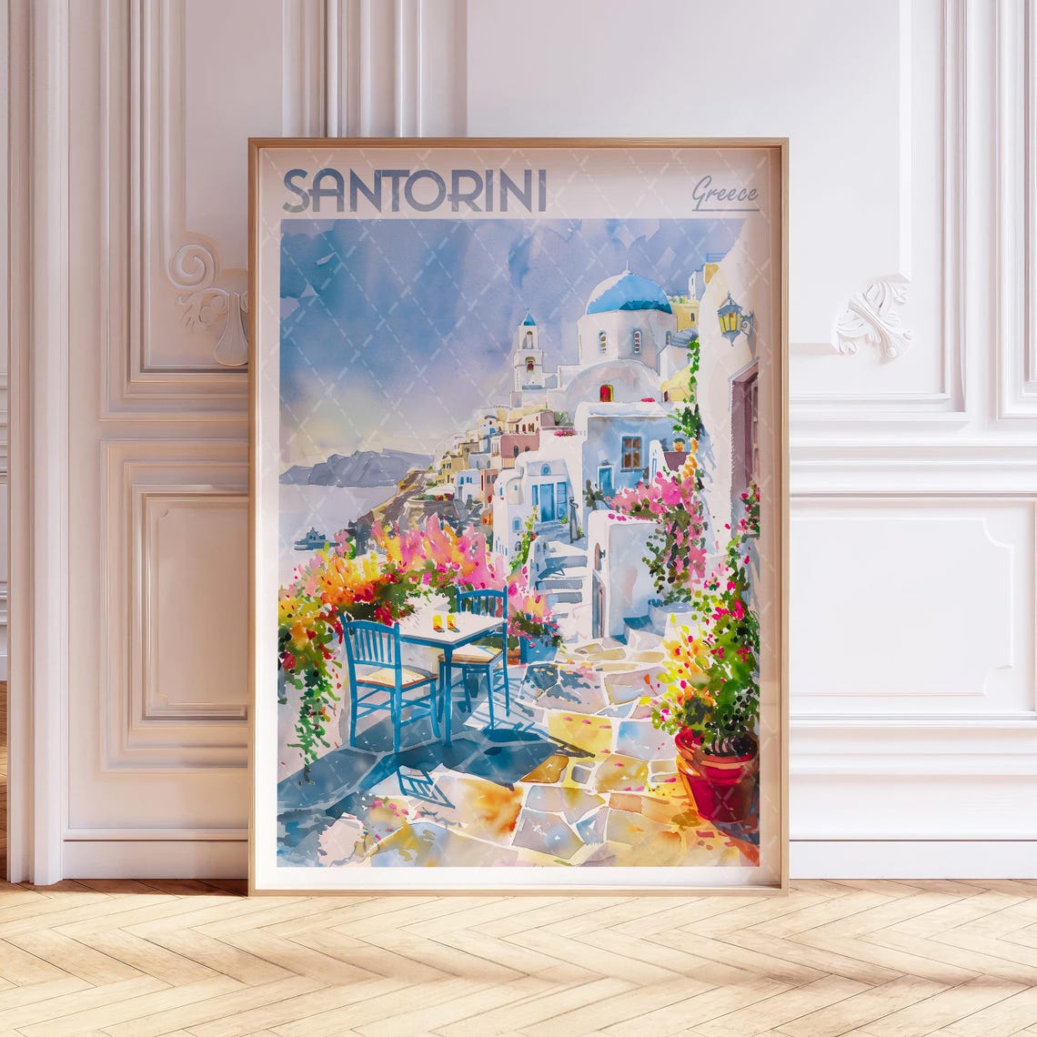 Santorini Greece Blue Dome Church Bougainvillea Travel Poster