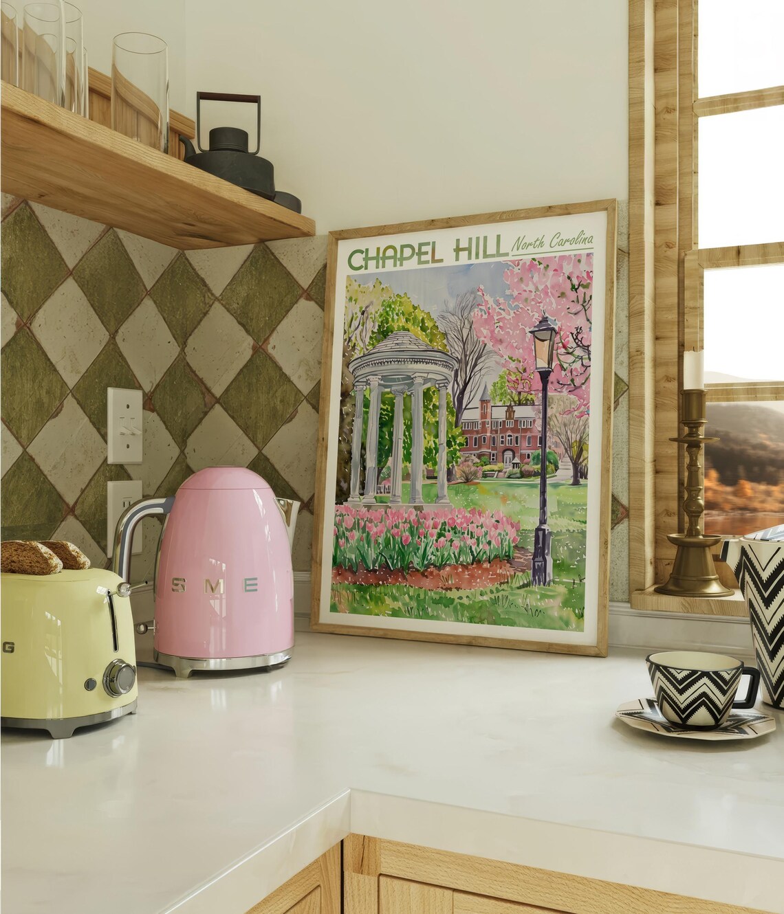 Chapel Hill Watercolor Poster, North Carolina Skyline