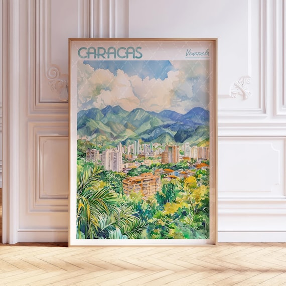 Caracas Venezuela City Skyline Mountains Watercolor Travel Poster