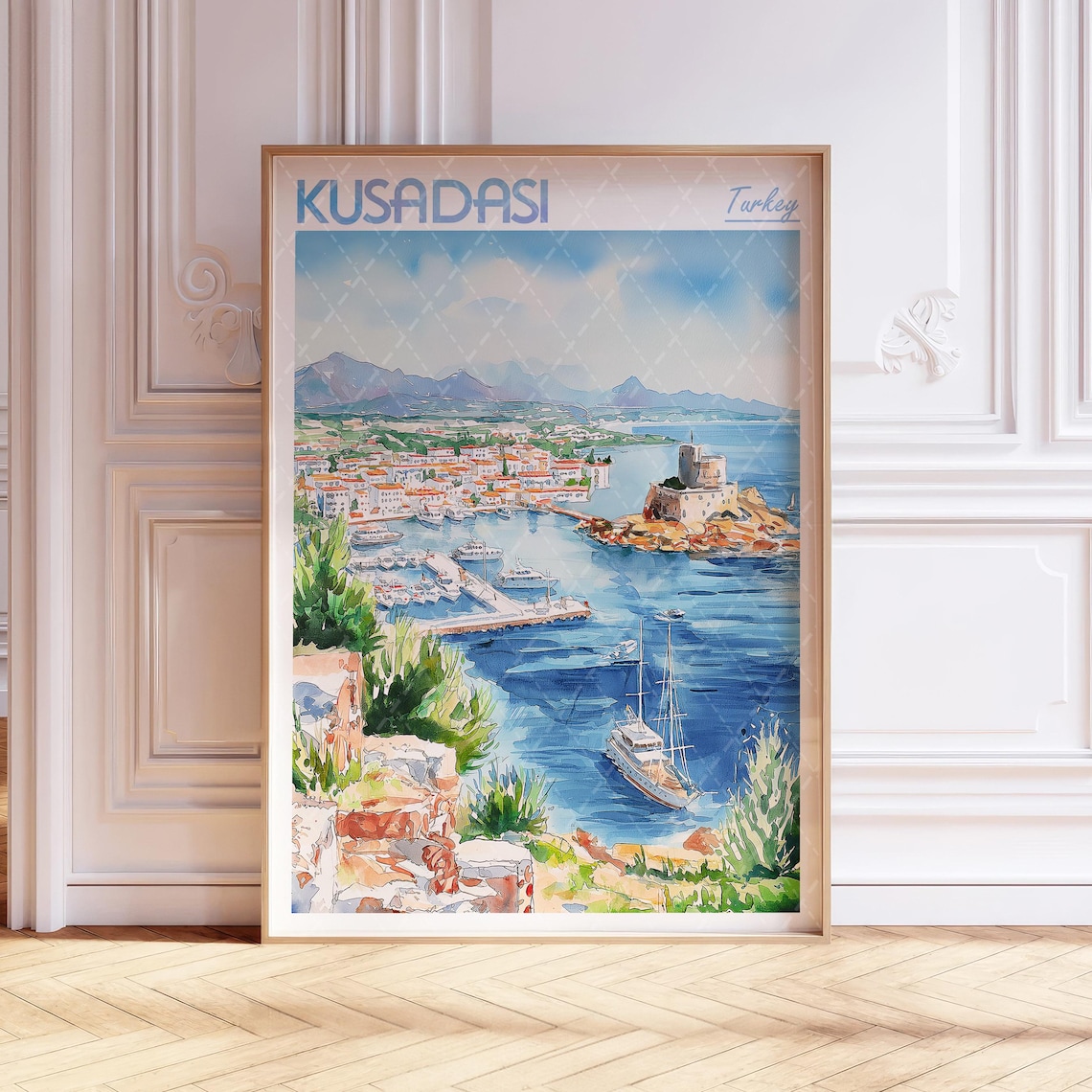Kusadasi Turkey Watercolor Harbor Sailboats Coastal Town Poster