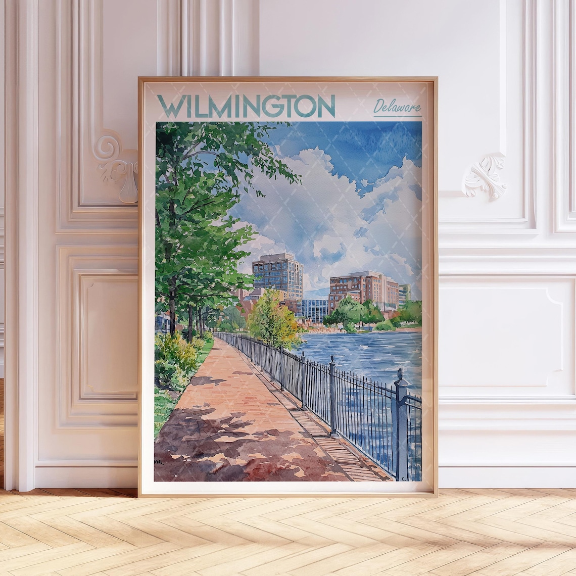 Wilmington Delaware Riverwalk Watercolor City Skyline Travel Poster