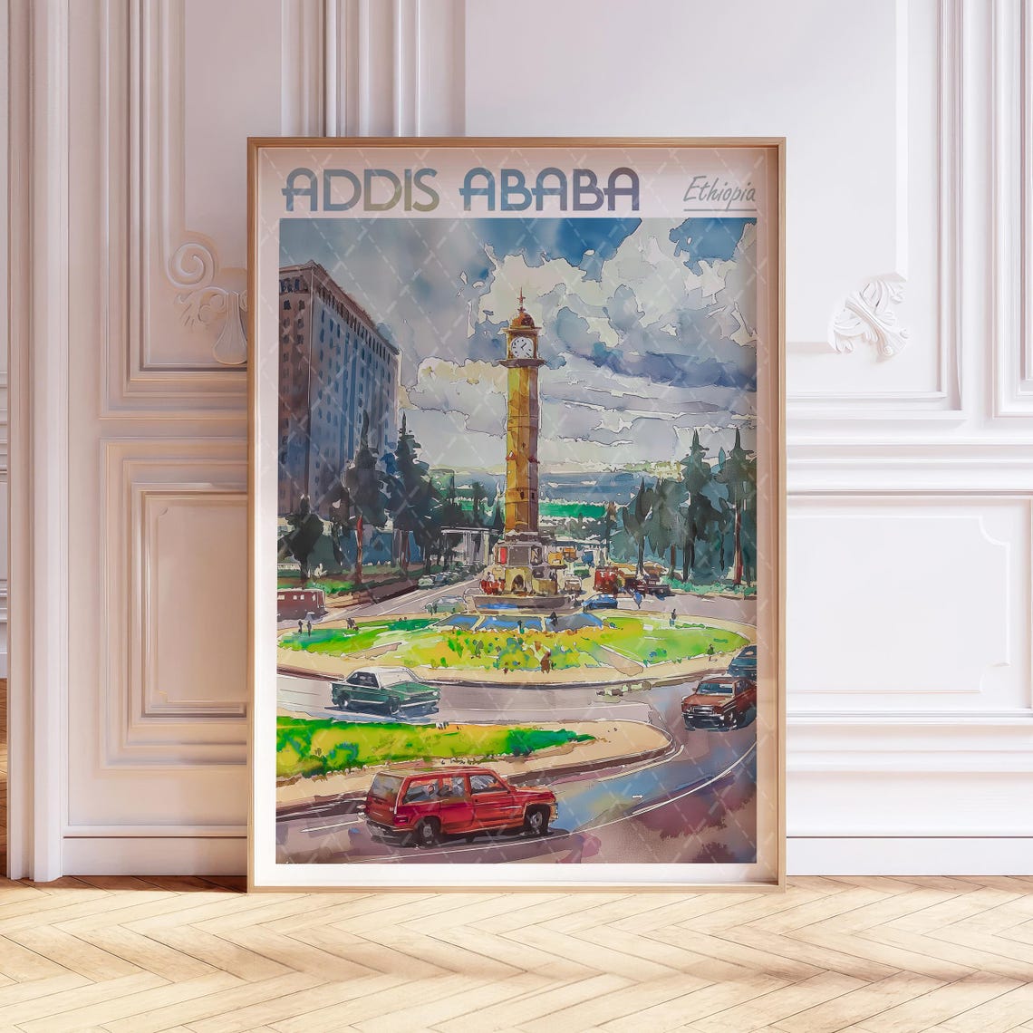 Addis Ababa Ethiopia Clock Tower Square Watercolor Travel Poster