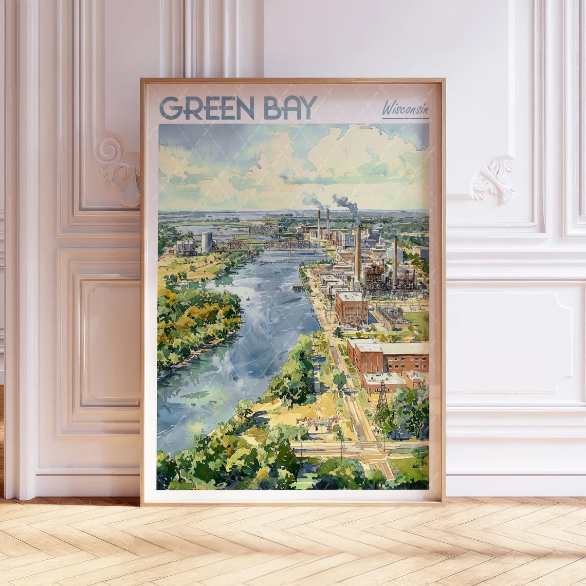 Green Bay Wisconsin Fox River Aerial Watercolor Travel Poster