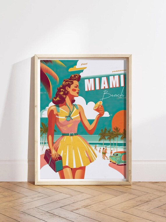 Miami Beach Retro Travel Pinup Palm Trees Vintage Style Poster