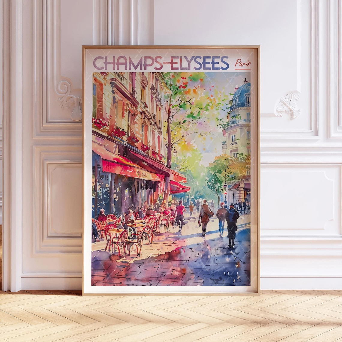 Champs Elysees Paris Watercolor Cafe Street Scene Travel Poster