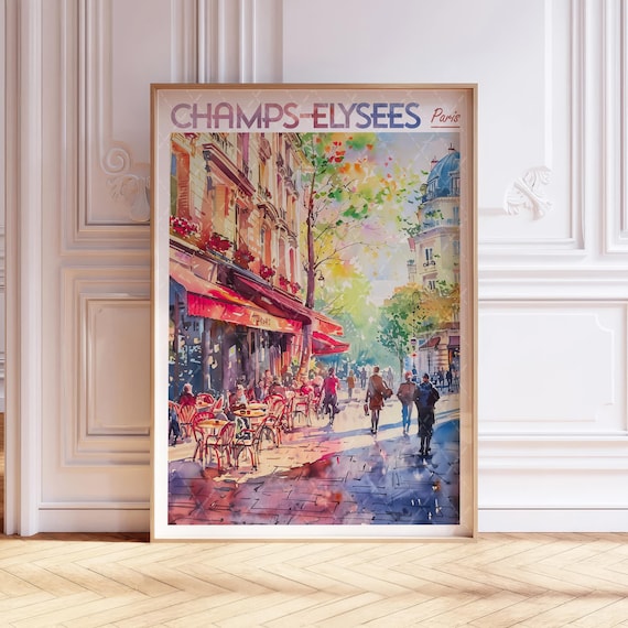 Champs Elysees Paris Watercolor Cafe Street Scene Travel Poster