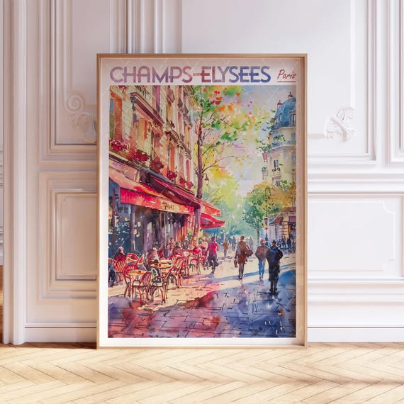 Champs Elysees Watercolor Poster World Cities Wall Art Paris France Travel City Pastel Colors