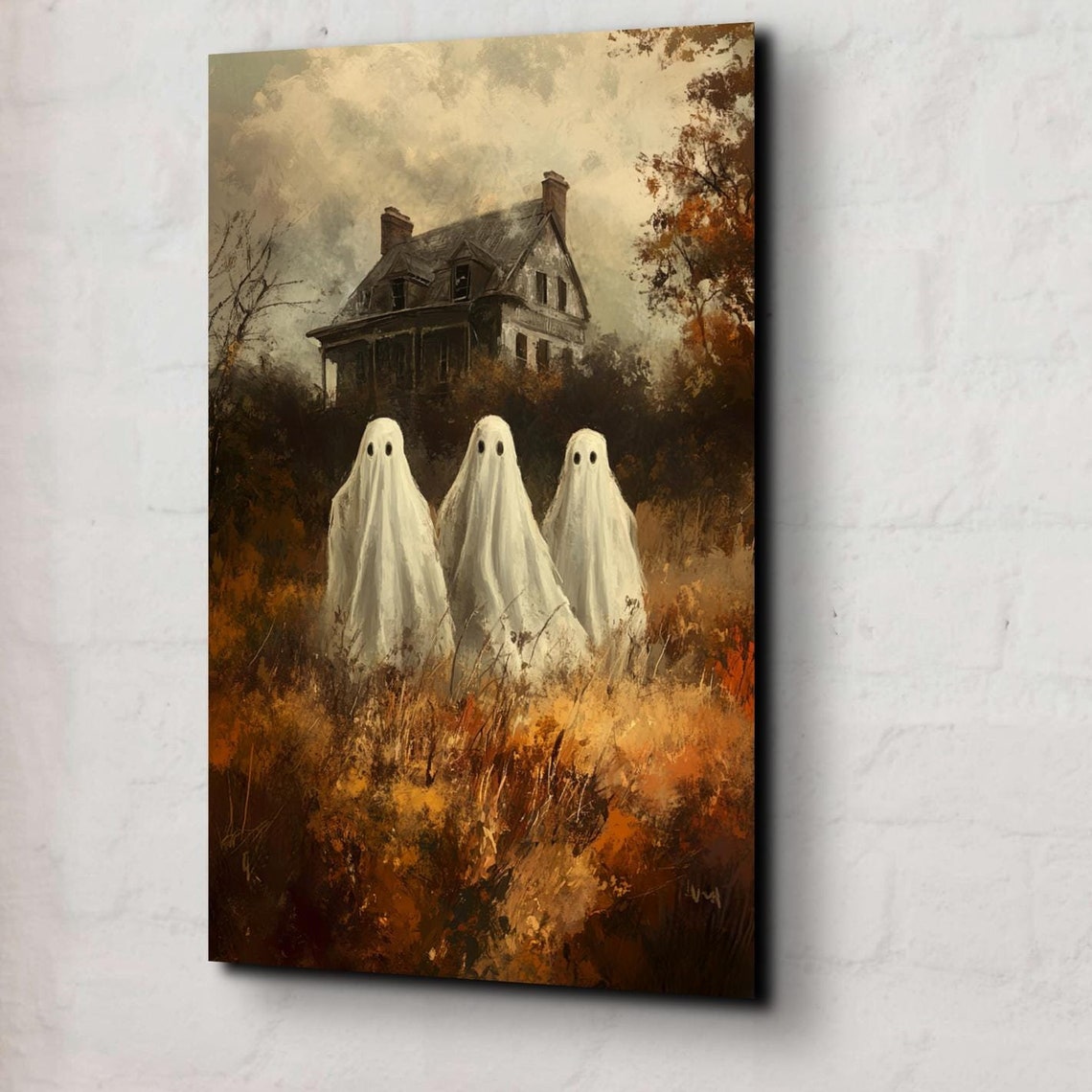 Three Cute Ghost Friends Haunted House Vintage Halloween Poster