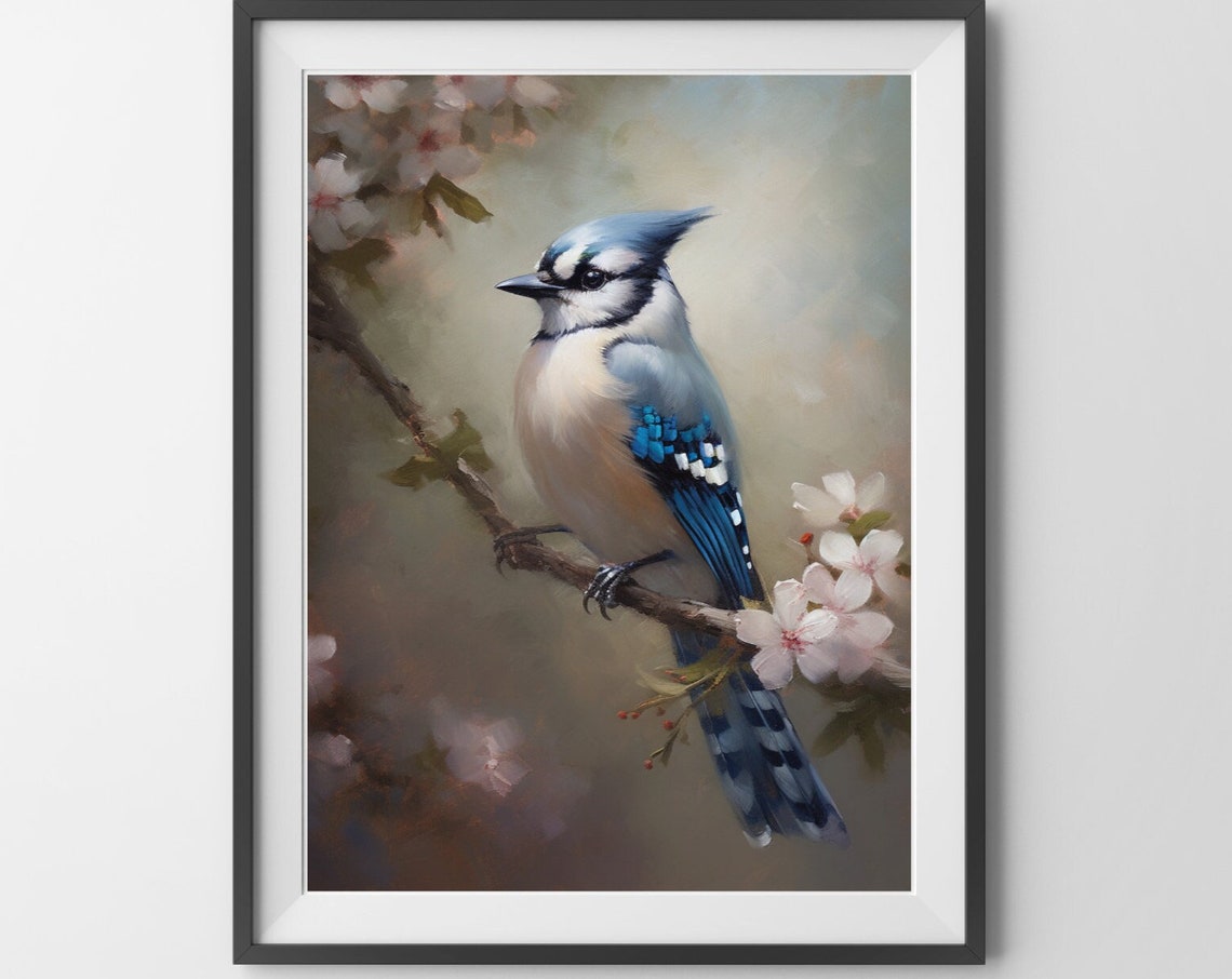 Blue Jay Cherry Blossom Branch Spring Bird Painting Nature Wall Poster