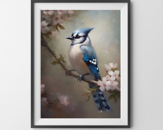 Blue Jay Cherry Blossom Branch Spring Bird Painting Nature Wall Poster