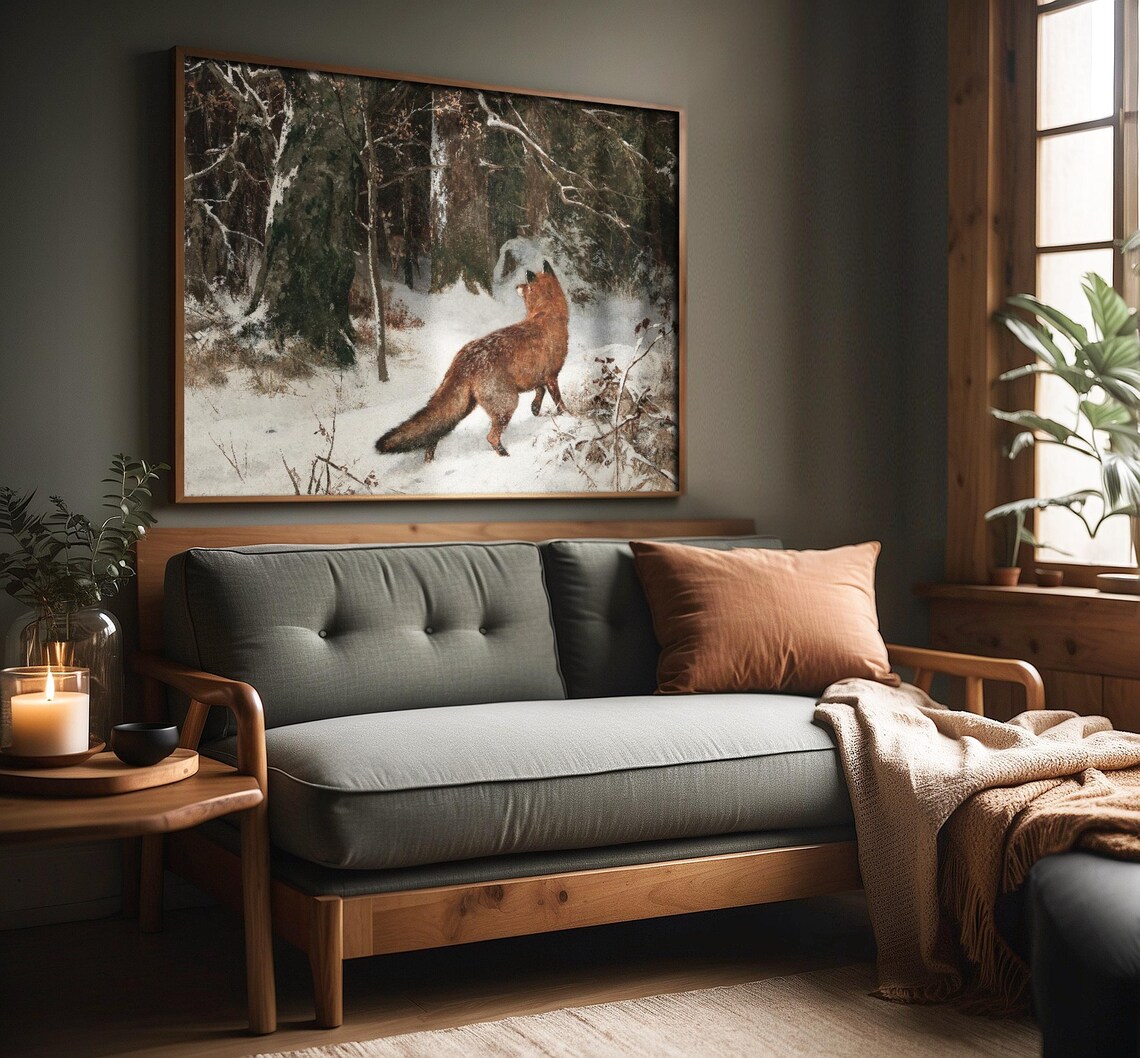 Vintage Red Fox Snowy Winter Forest Oil Painting Wildlife Art Print - Image 2