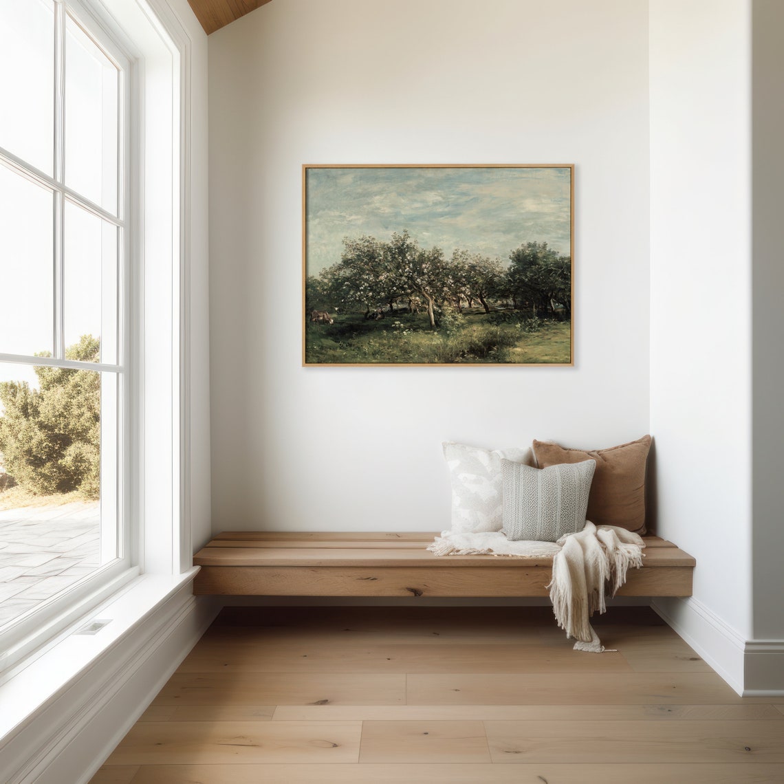 Spring Orchard in Bloom Vintage Painting with Grazing Cows Wall Art - Image 3