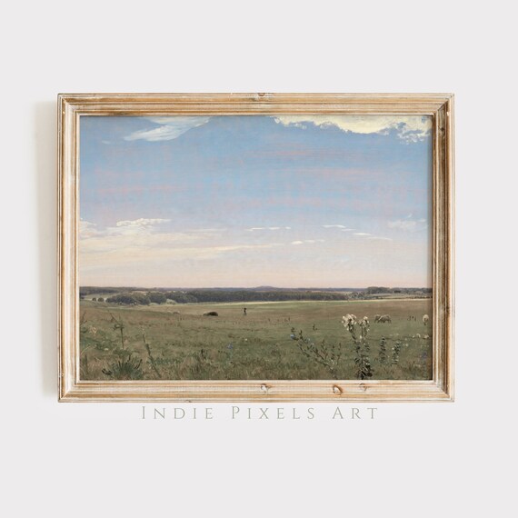 Pastel Dawn Pasture Vintage Landscape with Grazing Cows Wall Art