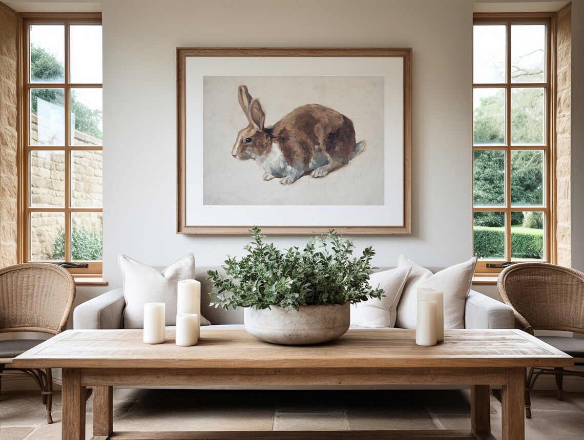 Brown Rabbit Vintage Oil Study Neutral Cottagecore Nursery Wall Art Poster - Image 2