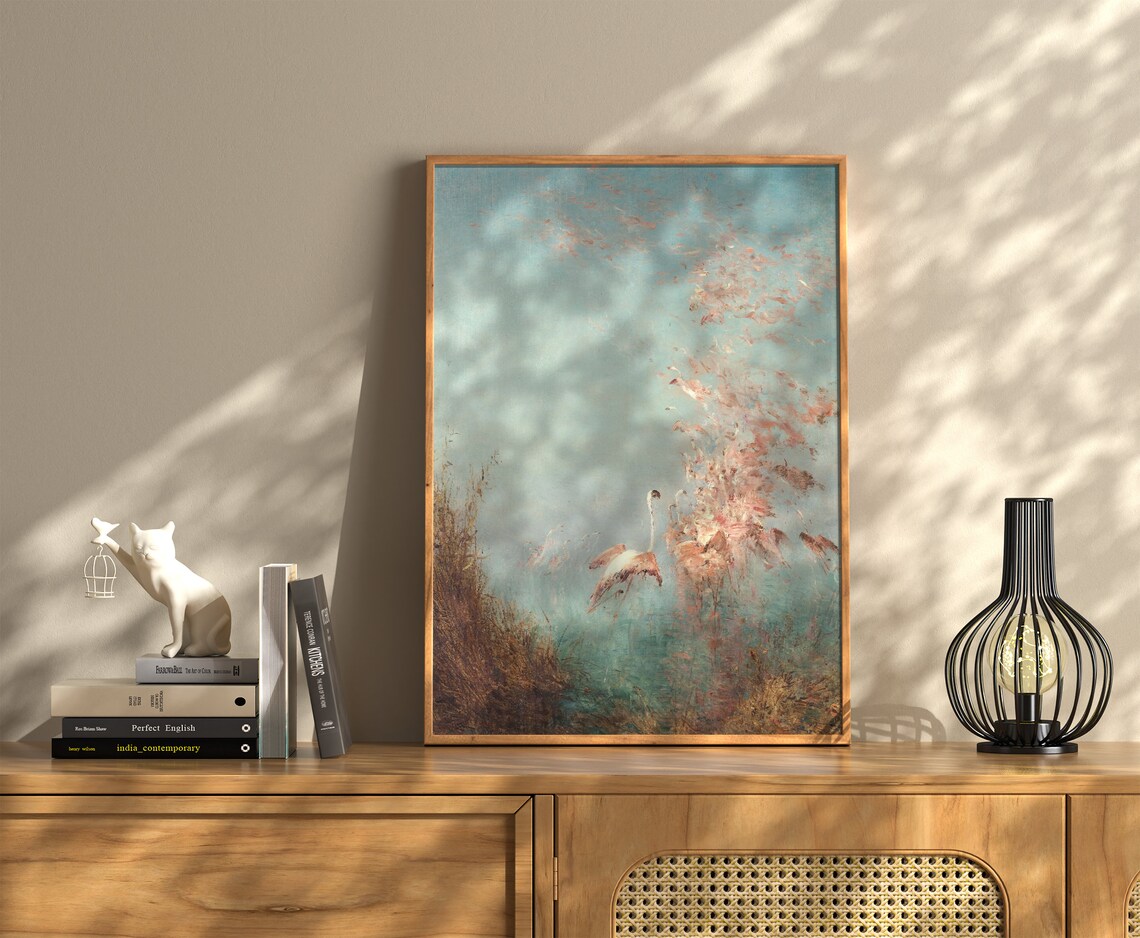 Vintage Flamingos in Flight Over Coastal Marsh Impressionist Print - Image 4