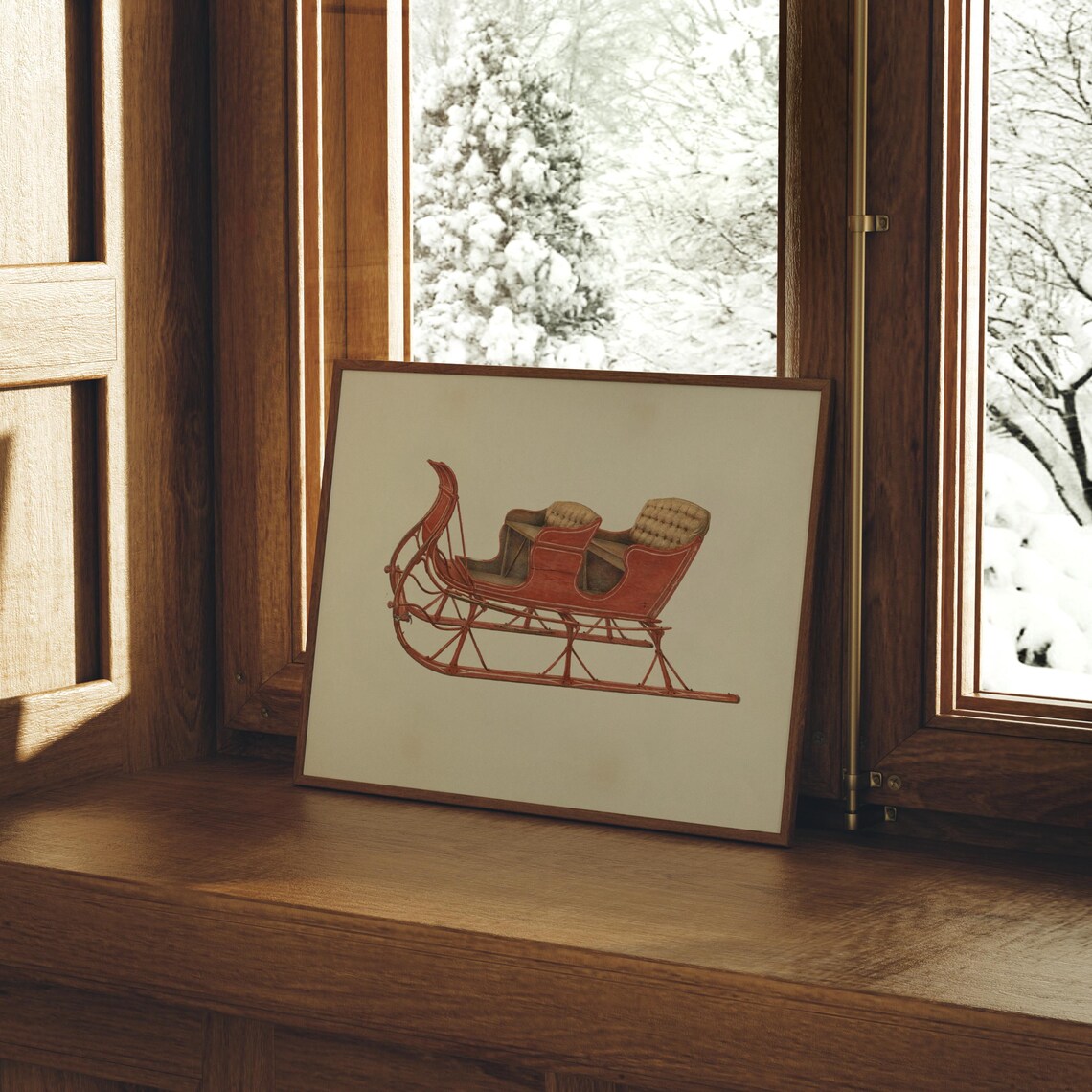 Antique Red Two Seat Sleigh Winter Horse Carriage Art Poster - Image 4