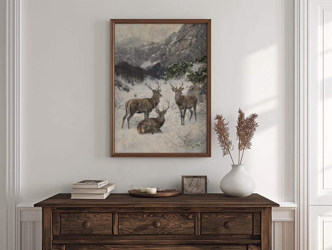 Vintage Stag Deer Snowy Mountain Valley Wildlife Oil Painting Print - Image 2
