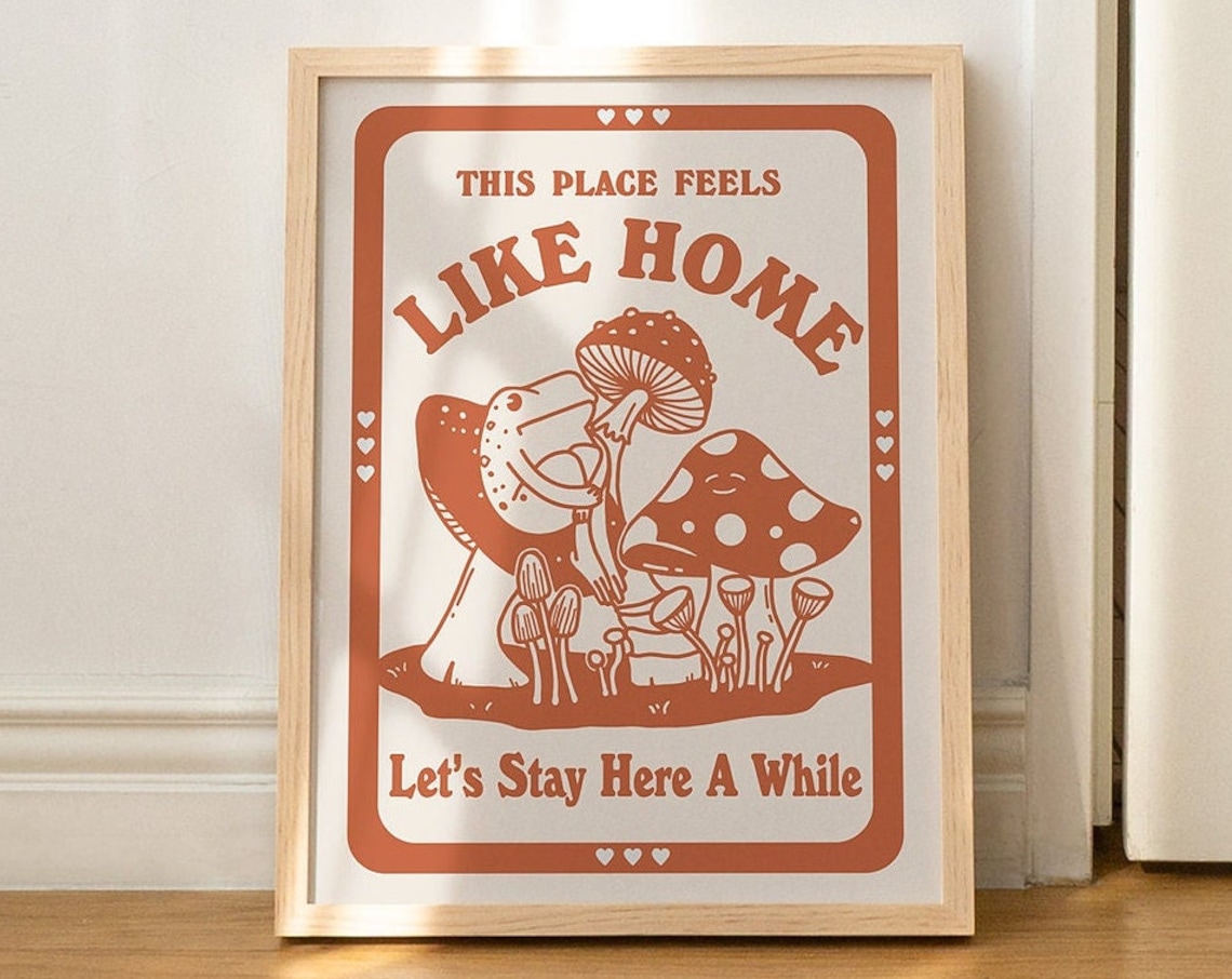 Retro Frog and Mushroom Poster, 70s Style Decor