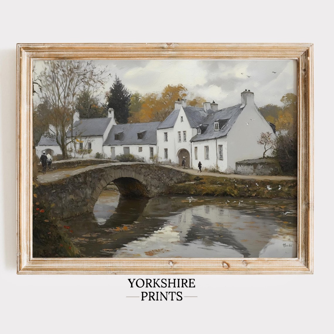Rustic Stone Cottage With Arched Bridge Autumn Riverside Art Poster
