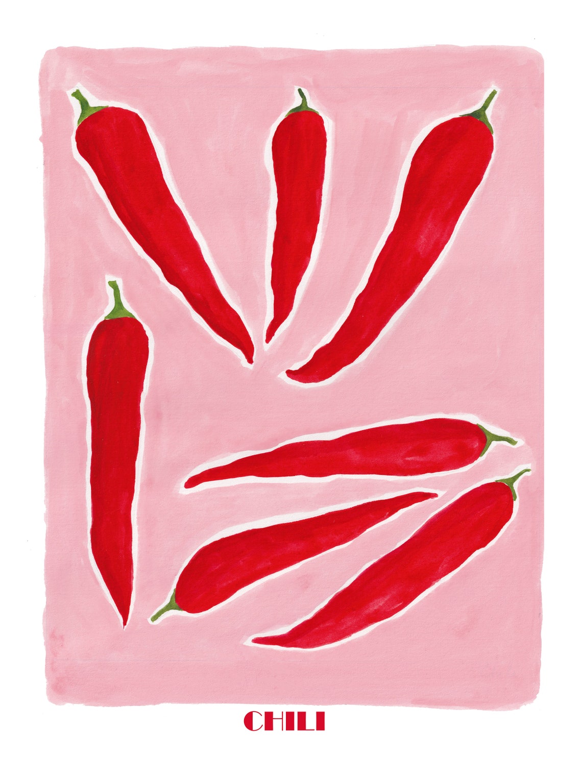 Red Chili Peppers Watercolor On Pink Background Bold Kitchen Wall Art - Image 2