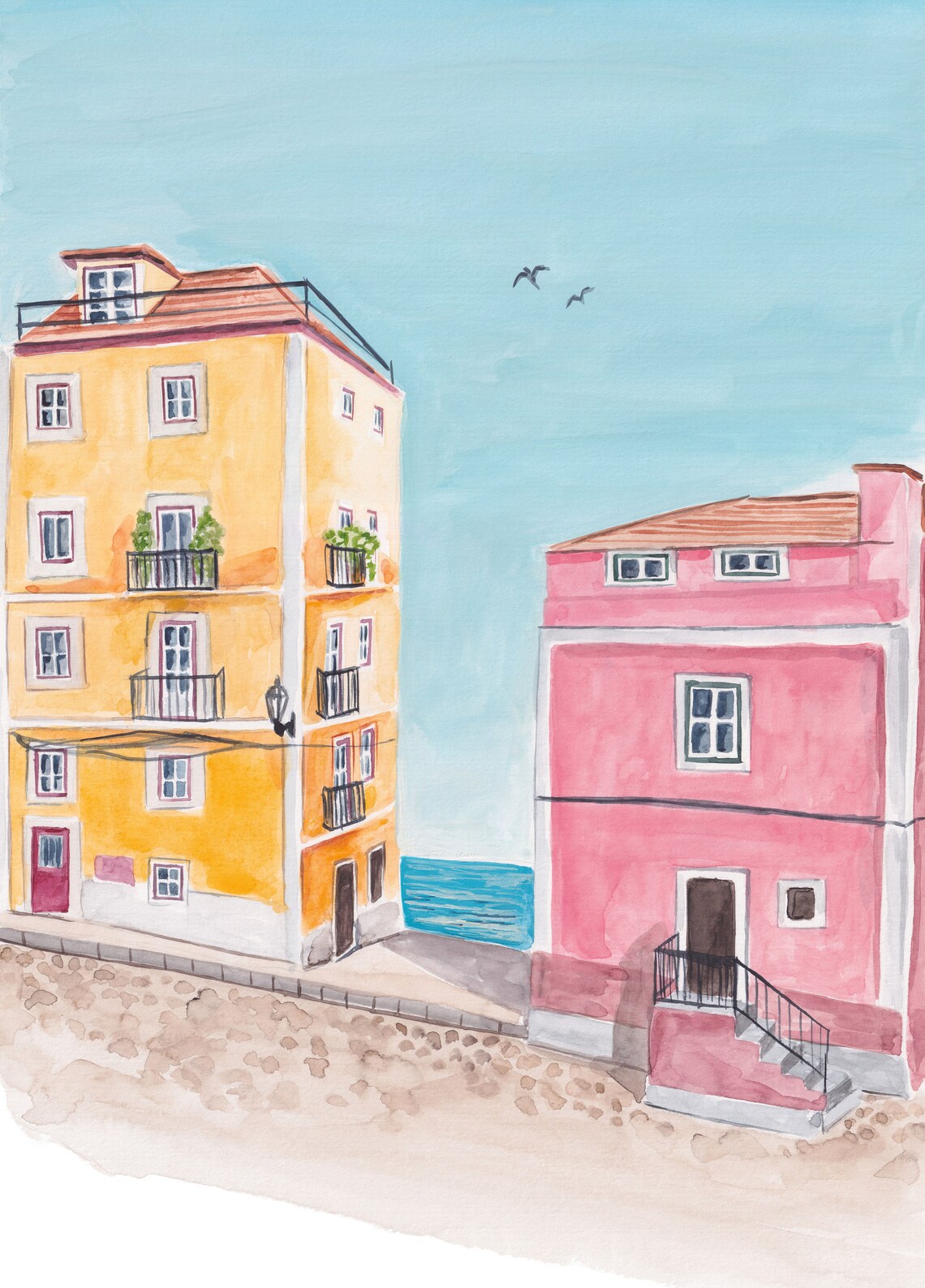 Lisbon Portugal Colorful Street Yellow Pink Houses Seaside View Poster - Image 2