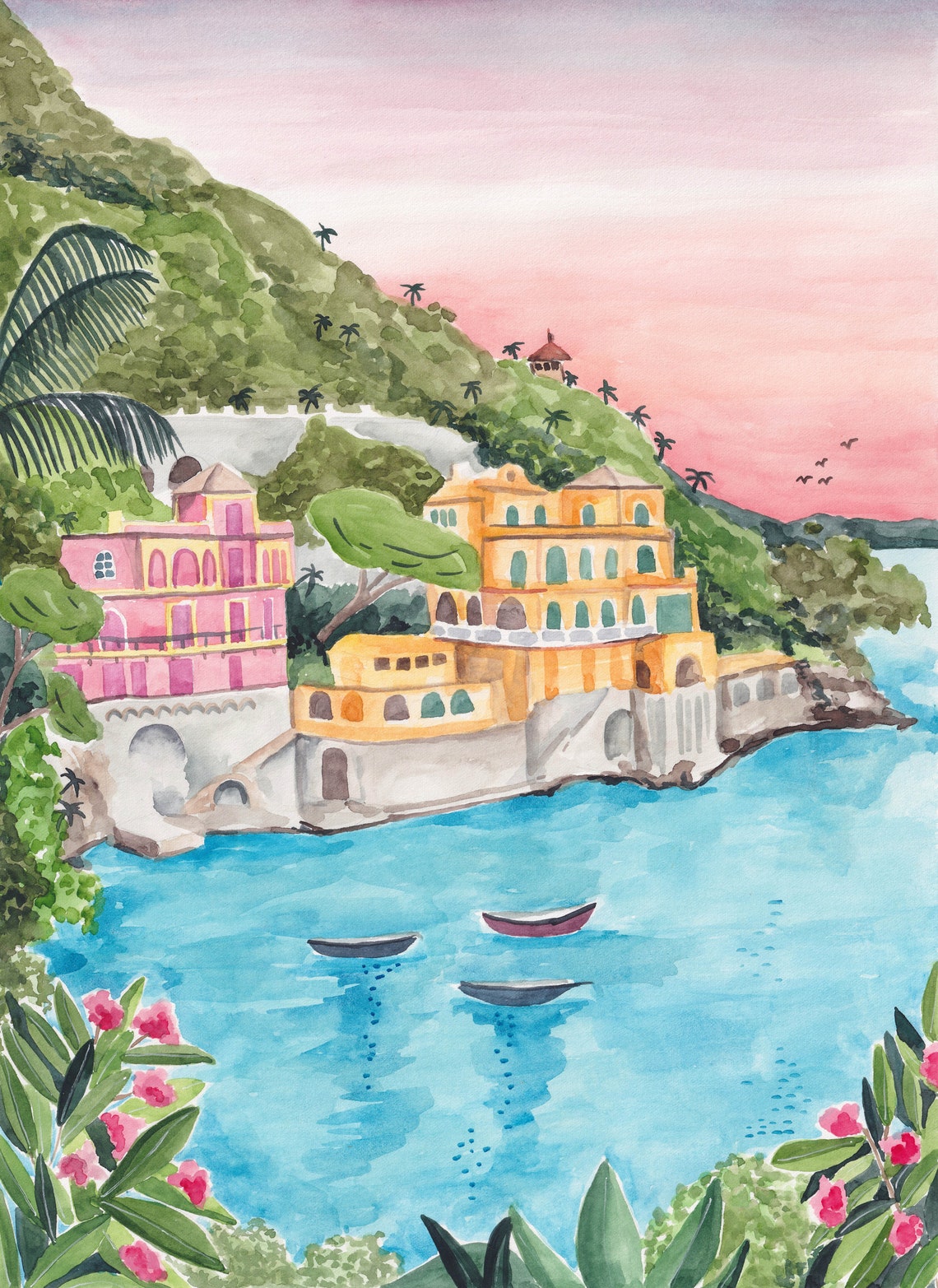 Portofino Art Print Italy Poster Italian Riviera Print Portofino Wall Decor Tropical Landscape Mediterranean Travel Illustration - Image 2