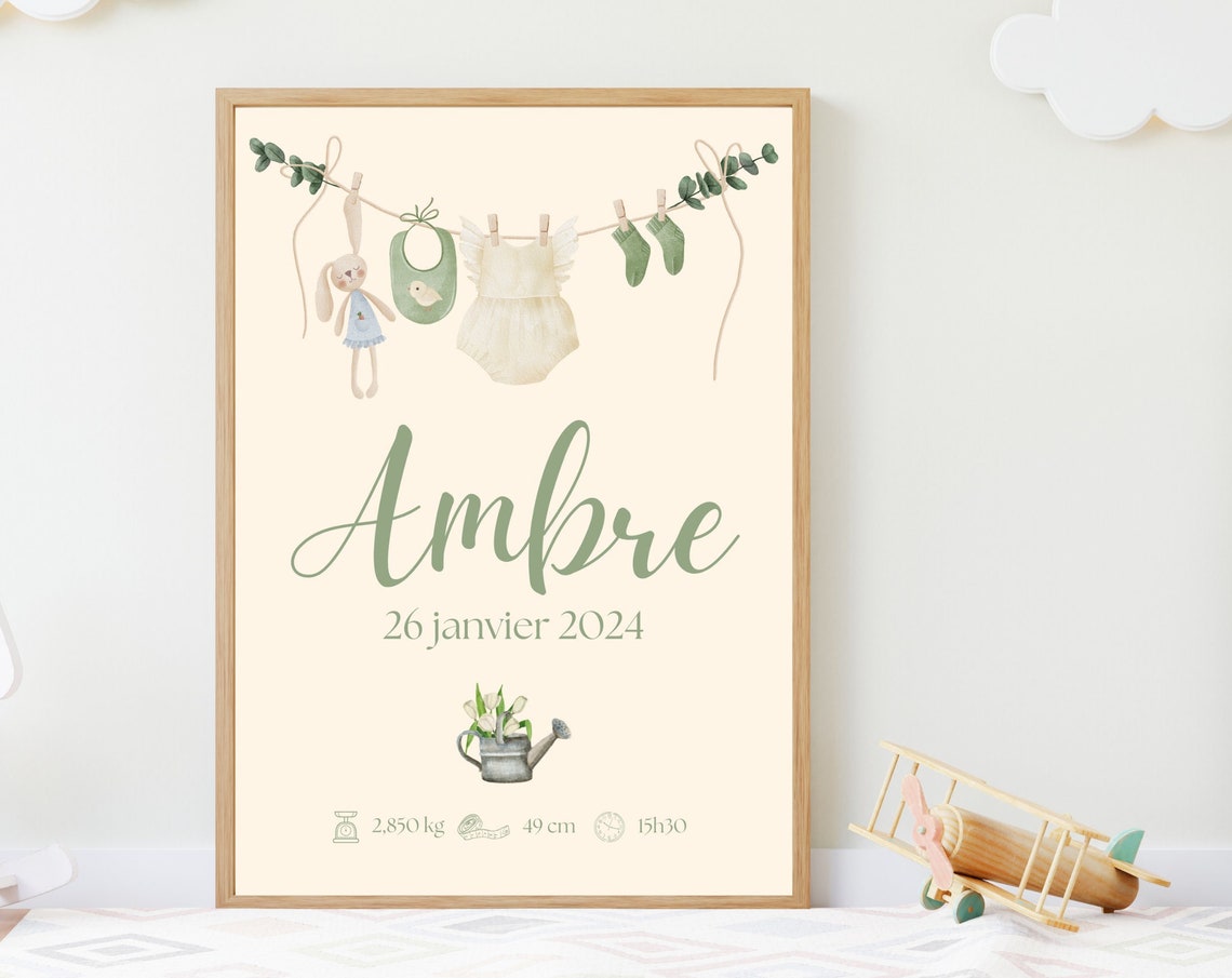 Personalized Watercolor Clothesline Baby Birth Stats Keepsake Poster